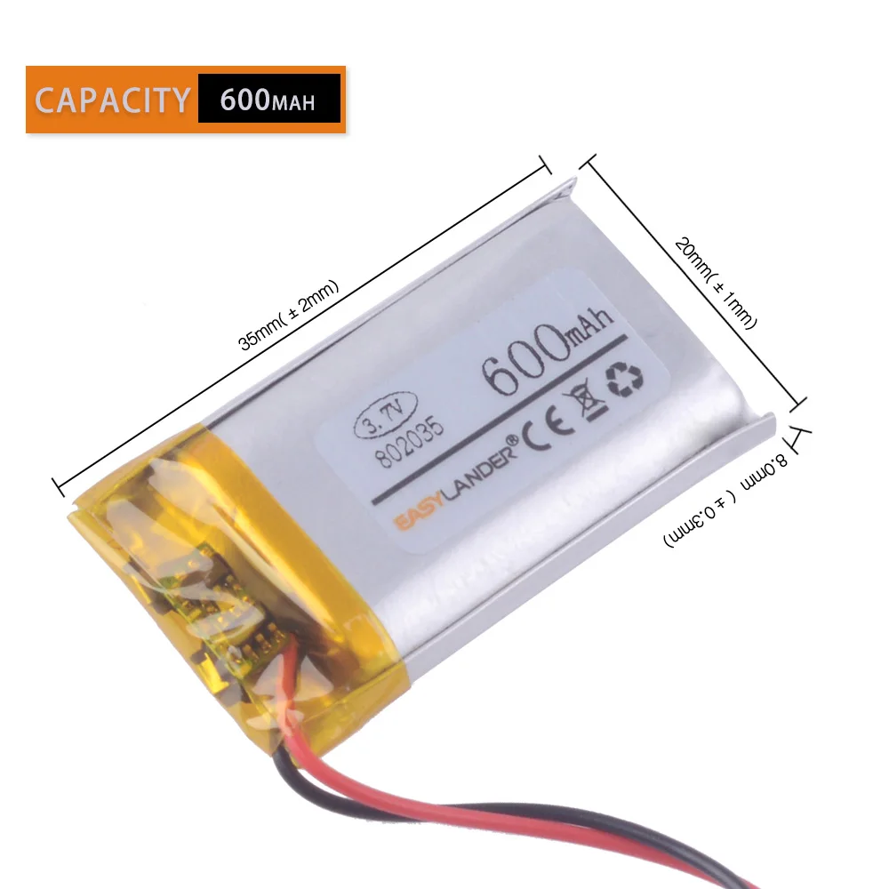 3.7V 600mAh 802035 Batteries Rechargeable Lithium Li-ion Polymer Battery 801935