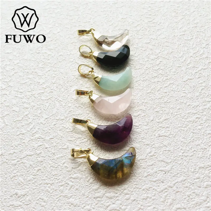 FUWO Wholesale Natural Crystal Crescent Pendant,Golden Plated Faceted Stone Accessories For Women Jewelry Making 5Pcs PD149