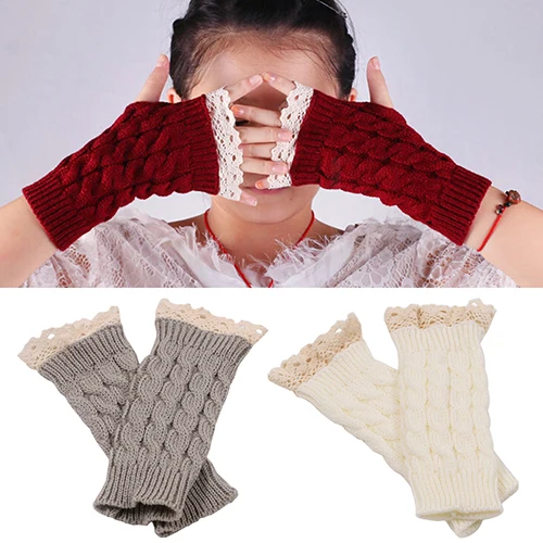 Lace Patchwork Women Knitting Embroidered Gloves Student Autumn Winter ColdproofFashion Warm Soild Fingerless Glove