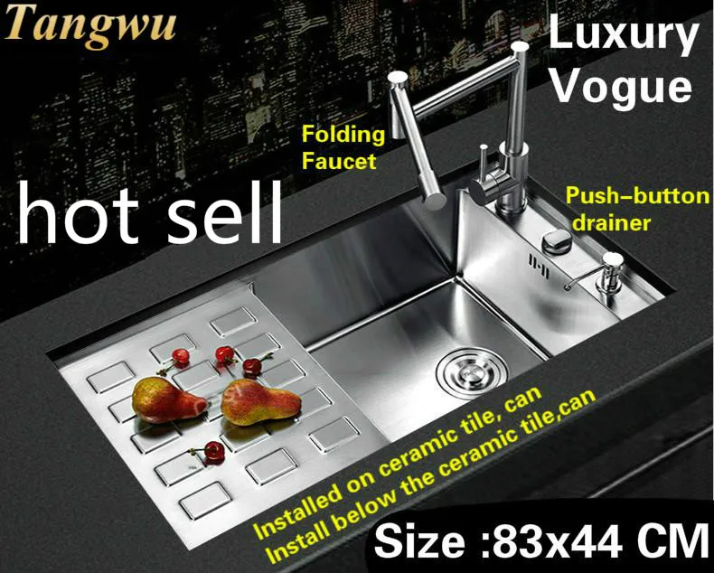 

Free shipping Luxury kitchen push-button drainer manual sink single trough individuality standard durable hot sell 830x440 MM