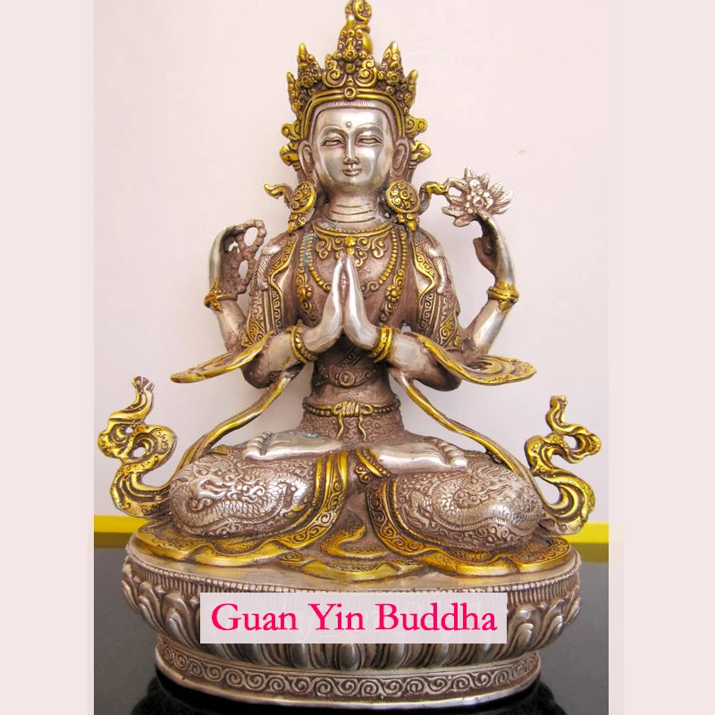 

Avalokiteshvara four arm statue of Guanyin Buddha silver plating copper statue A Buddhism Guan yin Kwan-yin figurine 21cm