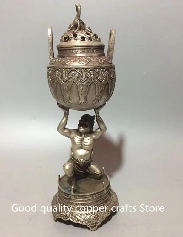 

Collectible archaize white copper arhat jacking two-ear incense burner