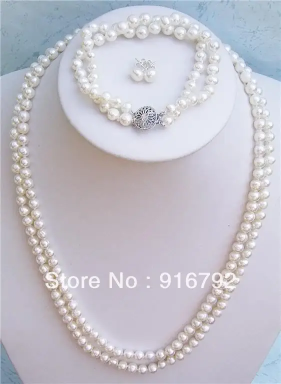 

Wholesale free shipping 2Rows 7-8mm White Akoya Pearl Necklace Set