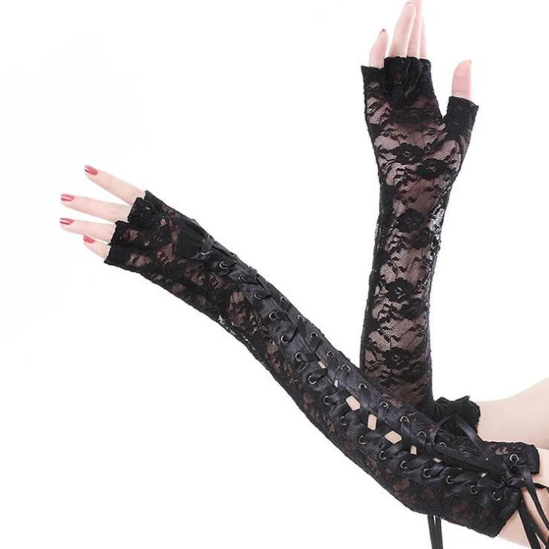 New Sexy Lace Long Nylon Mesh Female Punk Gloves Nightclub Temptation Ribbon Rivets Half Finger Ritual Dance Gloves Women S78