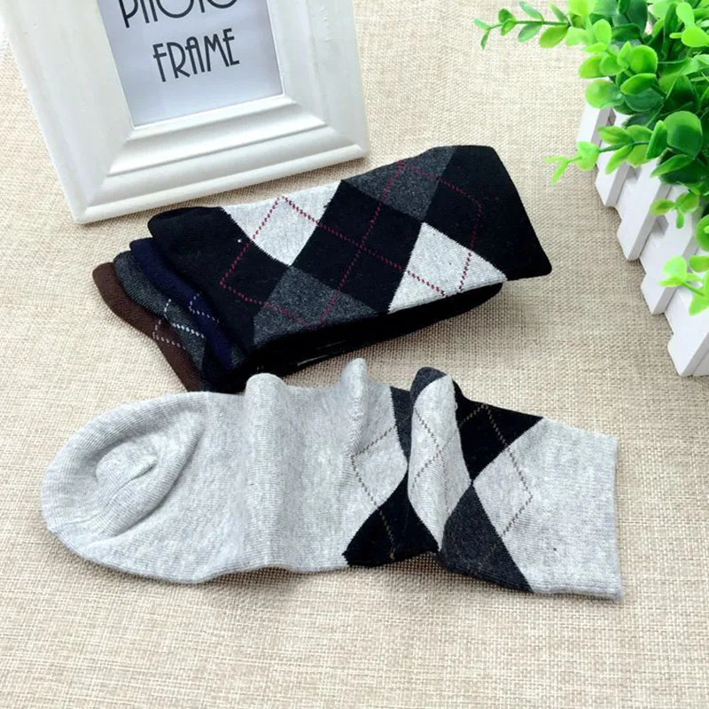 5 Pairs Autumn Winter High Quality Men Business Cotton Socks For Man Diamond Plaid Long Socks Male Crew Sock Meias Calcetines