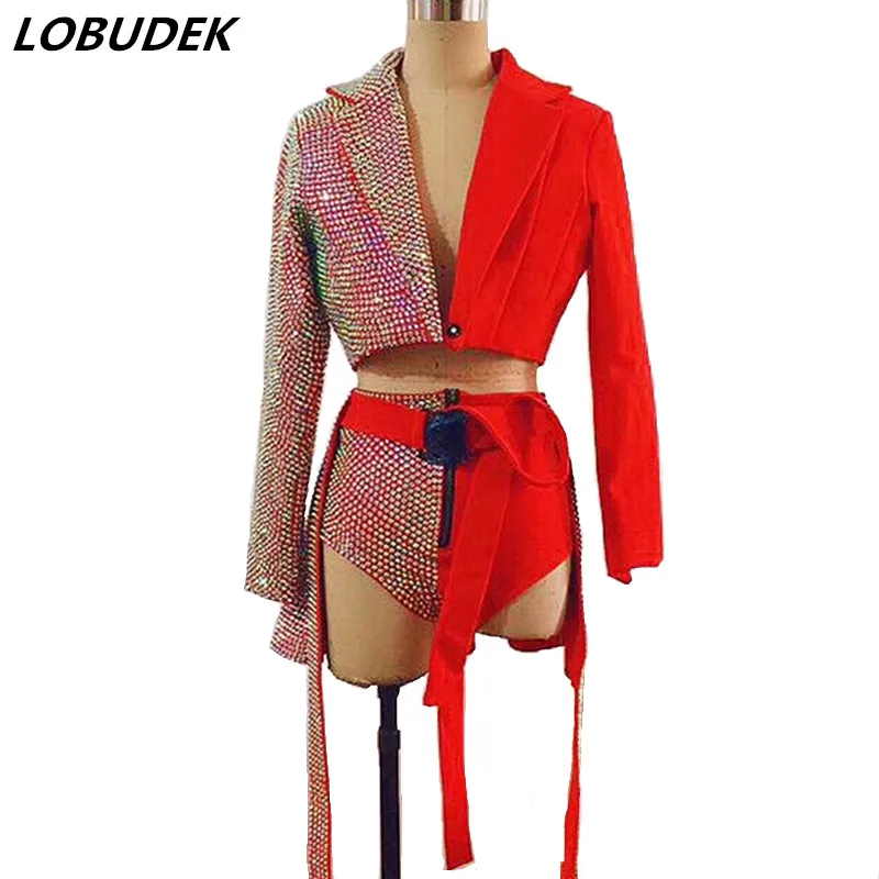 Fashion Red Rhinestones Jacket High-waist Shorts Set Nightclub Performance Clothes DJ Singer Concert Costume Host Stage Wears