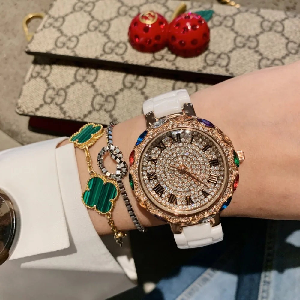 Brand Classic Women Colorful Rhinestones Watches Luxury Full Crystals Watch Real High Tech Ceramic Bracelet Wrist watch Roman