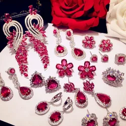 S925 Vintage Drop Earrings For Women Artificial Ruby Red Cubic Zirconia Stone Temperament Luxury Fine Jewelry Top Quality