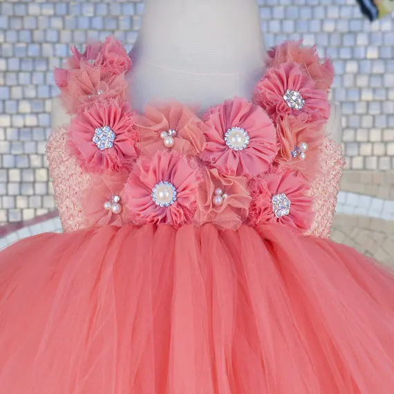 Beautiful Peach Flower Girl Dress for Wedding Party Coral Flower Girl Peach Tutu Dress Girls Birthday Outfit Baby Girl Clothes