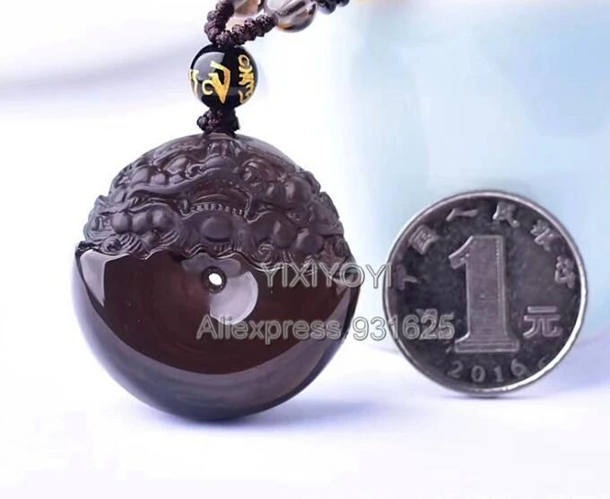 Natural Ice Clear Obsidian Carved Unique Coin Dragon Lucky Blessing Pendant + free Black beads necklace Fashion Jewelry