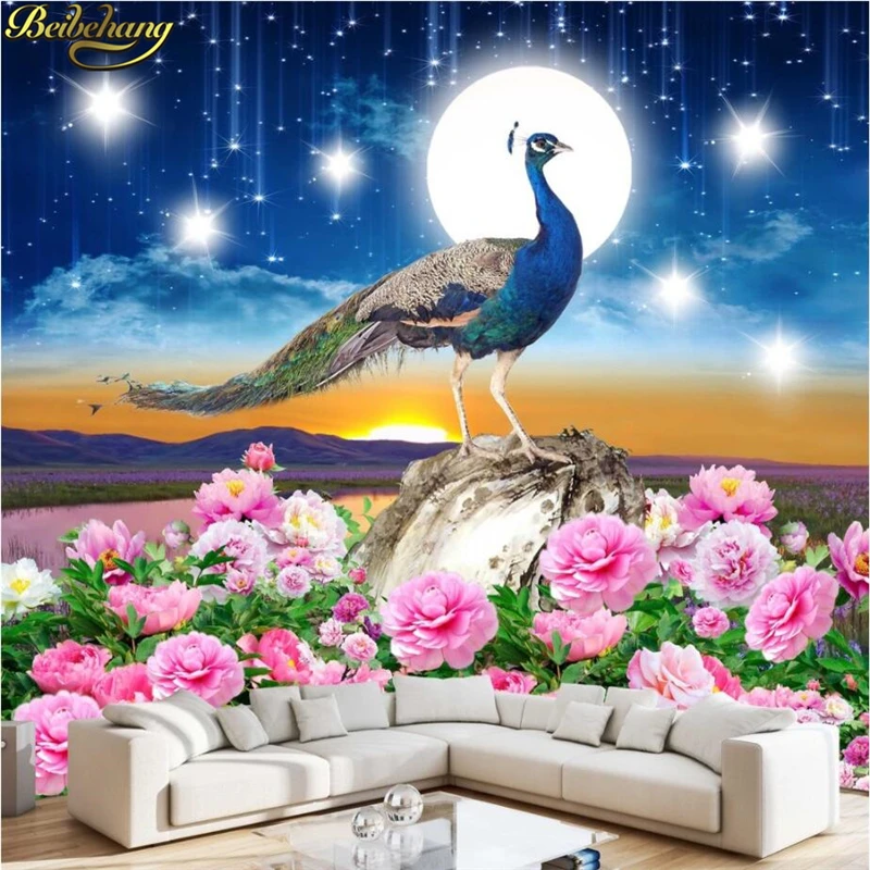 beibehang papel de parede Custom Photo Wallpaper Mural Wall Stickers Fantasy Star Birds Peacock Fuchsia Blanc Background Wall