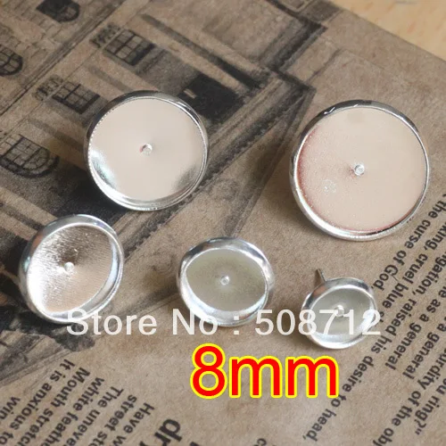 

Free shipping!!! 8mm Silver Plated Metal Stud Earring Blanks Base Tray Bezel Cameo Setting Post Bullet Stopper Back