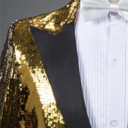 2 Piece Set Gold Black Sequins Blazers Pants Men Suits Nightclub Bar Male Singer Host Concert Suit Stage Outfit Chorus Costumes