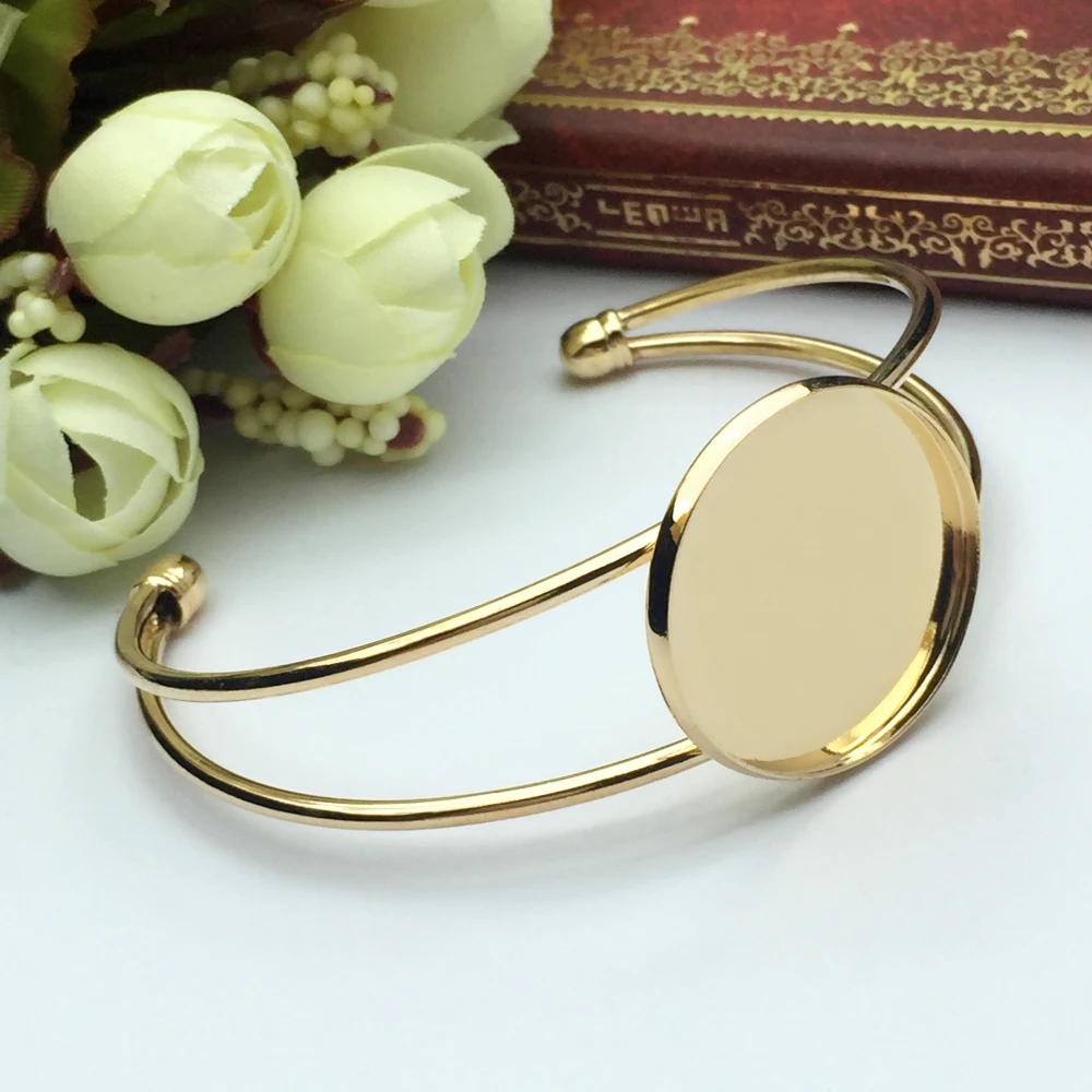 ZEROUP 1pcs 25mm 30mm KC gold Plated Bangles Bracelet Blank Round Glass Cabochon Tray Supplies for Jewelry Components B-004