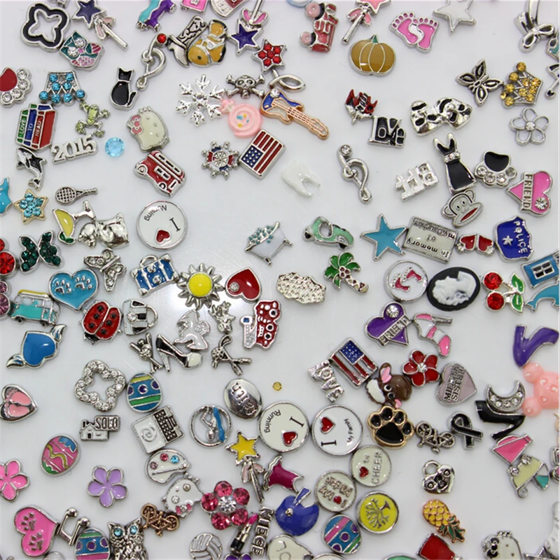 Wholase Charms 100pcs/Lot Mixed Different Designs Alloy Floating Charms For Glass pendants Lockets Jewelry Accessory