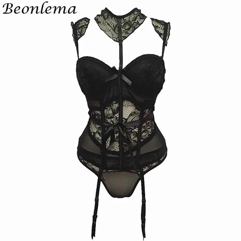 Beonlema Red Sexy Lingerie Corset Bra Gothic Black Bustiers Women Overbust Push Up Gorset See Through Floral Lace Corsets Set