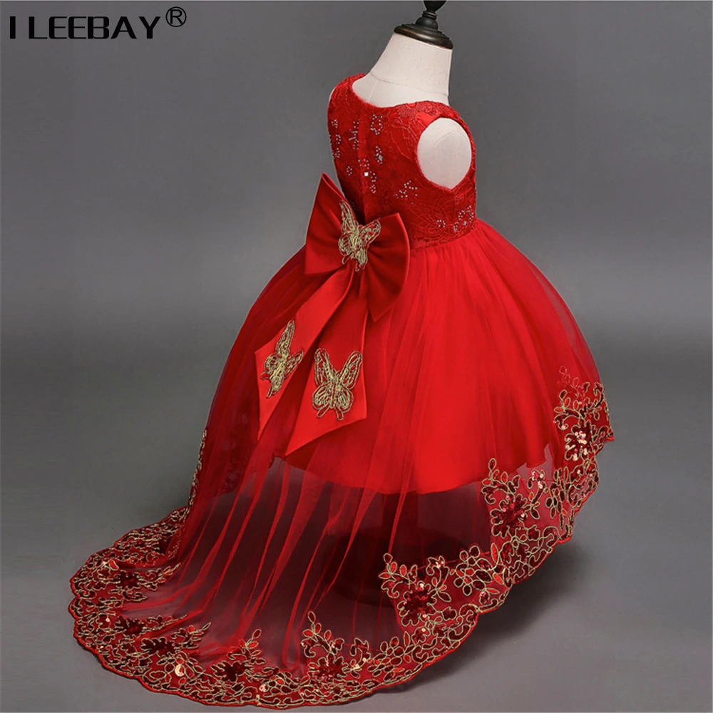 

Girl High Quality Princess Dress Red Long Tail Butterfly Bow Girls Floral Wedding Dress Kids Ball Gown Embroidered Party Costume