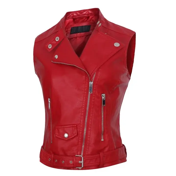 New Fashion Women Leather Vest Sleeveless Leather jacket Pockets colete feminino PU vest Waist coat leather coat red black color