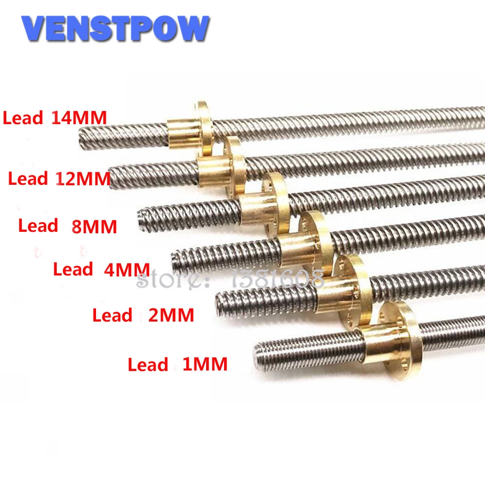 1PC Stainless Steel T8 Lead Screw Pitch 2MM Lead 4MM Length 100/200/300/400/500/600mm with Brass Copper Nut for 3D Printer