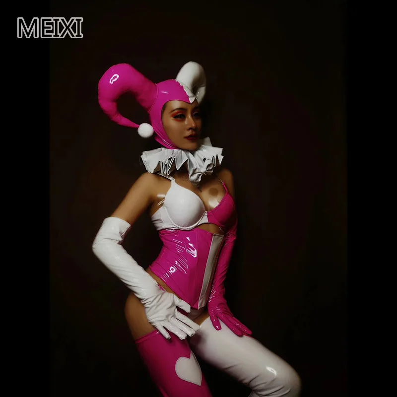 Unique sexy chic artificial skin pink and white clown suit bar party concert singer dancer costume