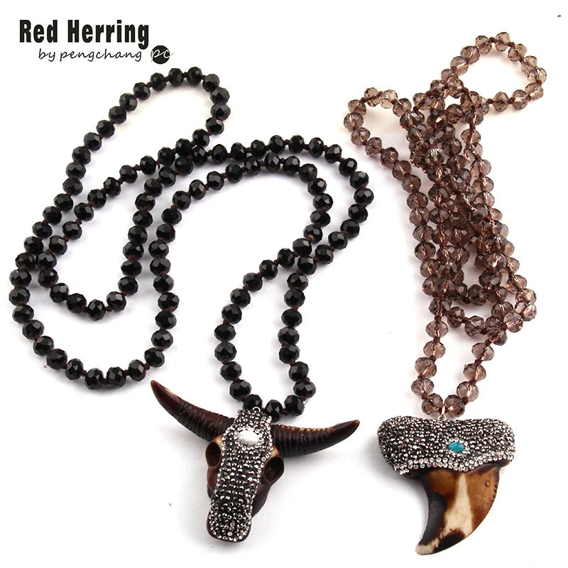 Free Shipping Fashion Long Crystal Glass Knotted Horn & Big Teeth Pendant Necklaces For Women Ethnic Necklace