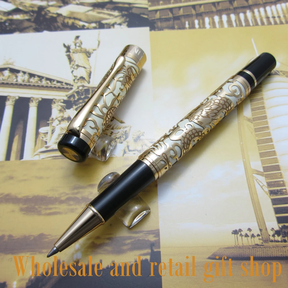 shipping 0.7MM perfect Kim Ho celluloid pen engraved of Gold and white roller pen