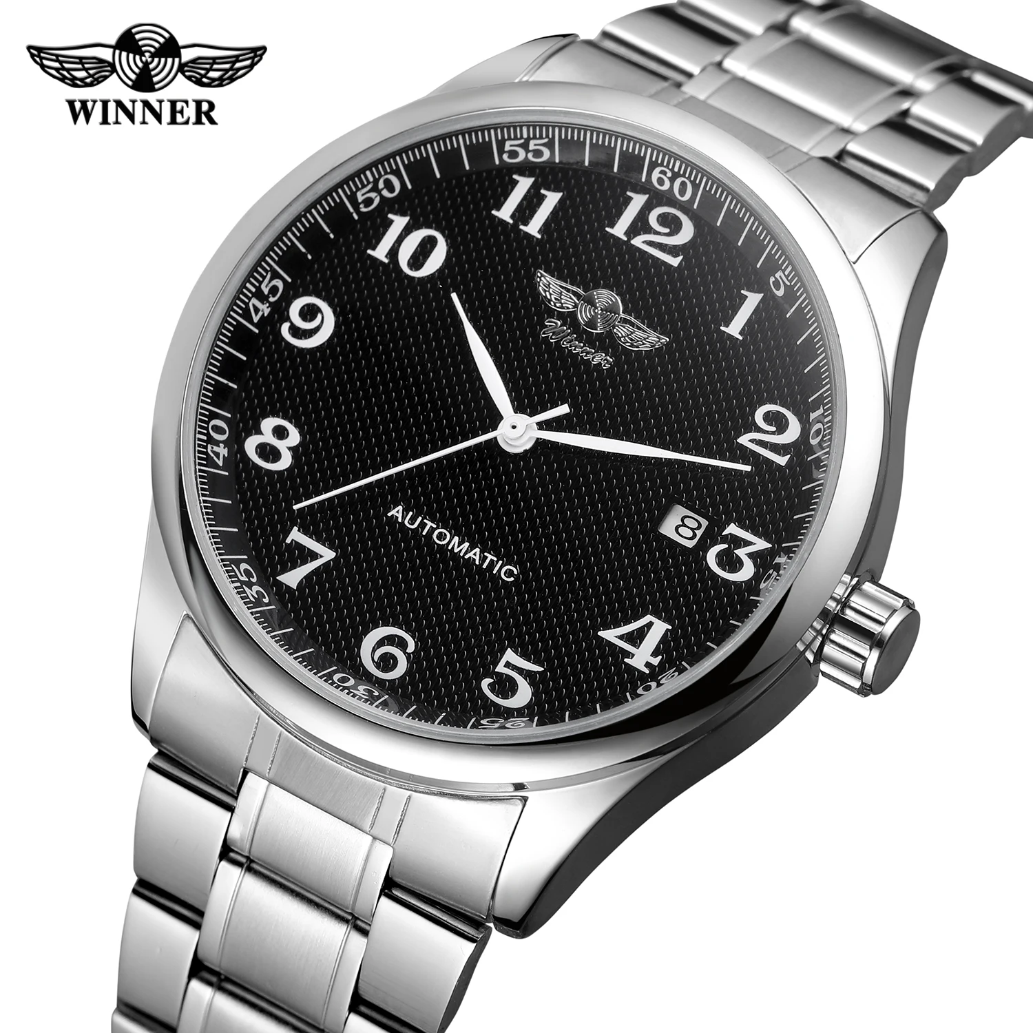 

T-WINNER WATCH g full black surface with silver unique pointer and silver steel band men's automanticl watch