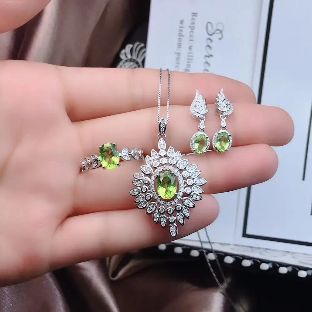 

Green Peridot gemstone jewelry set including ring earrings and necklace for woman jewelry real 925 silver natural gem date gift