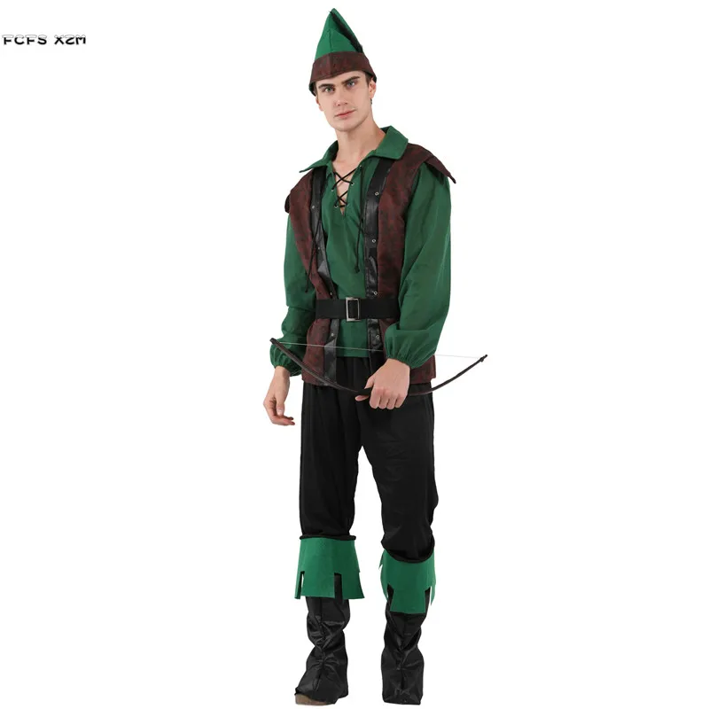 Men Halloween Robin Hood Costumes Peasant Farmer Cosplay Hunter Archer Role Play Carnival Purim Parade Masquerade Party Dress