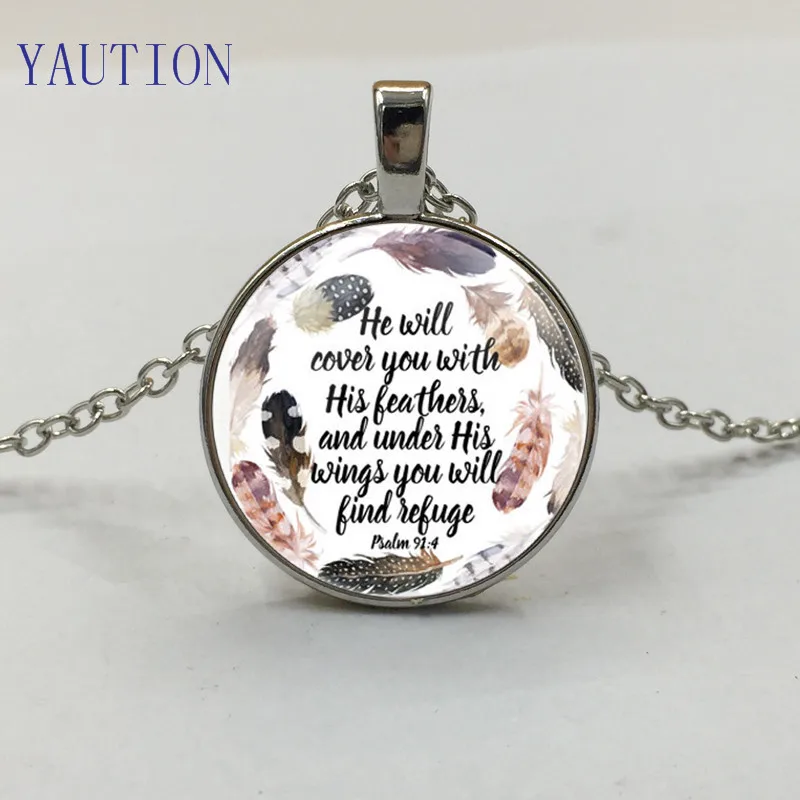 He will cover you will His feathers and under His wings you will find refuge Psalm 91 4 Necklace Bible Verse Jewelry Gift