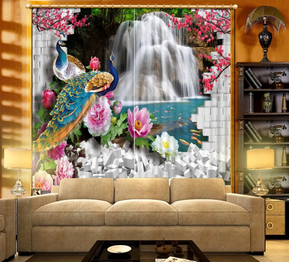 

3d curtains custom curtains Peacock Waterfall Peony Flower Brick Wall Beautiful Blackout Shade Window Curtains