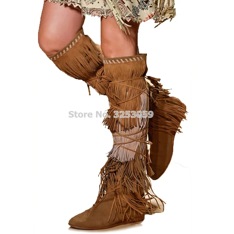 

ALMUDENA Classic Brown Blue Sude Fringe Knee High Boots Lace-up Low Heel Drape Tassel Shoes Long Boots Celebrity Gladiator Shoes