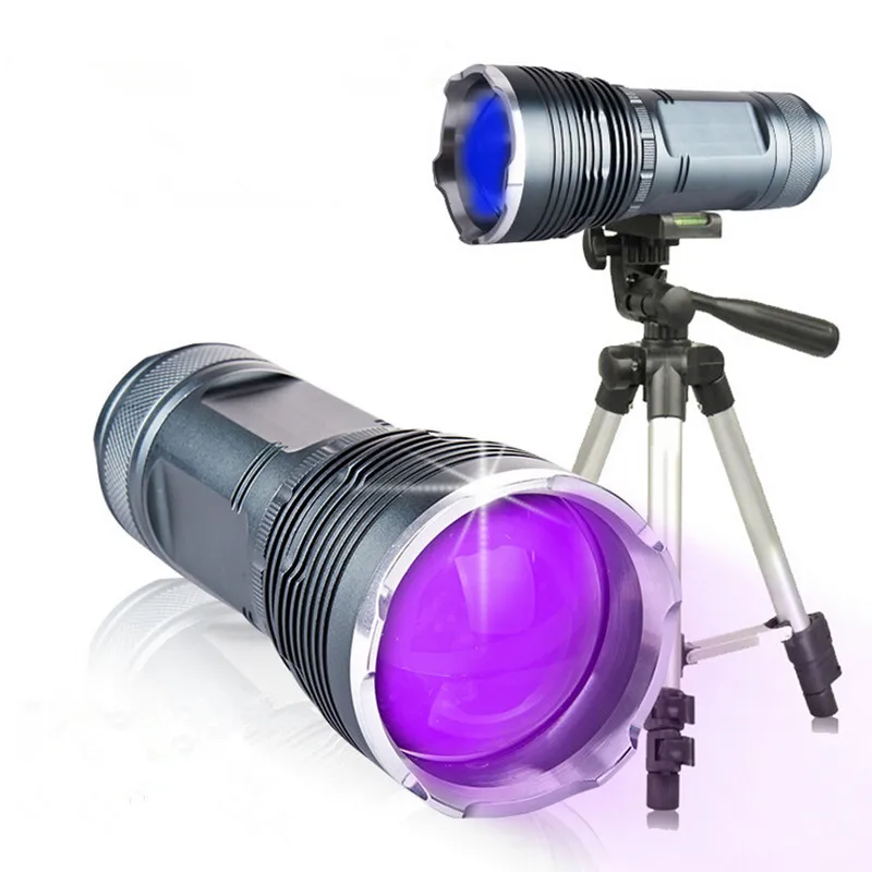 

4 in 1 Rechargeable Zoomable 20W LED Flashlight + 18650 Battery Pack + Charger + Tripod Set Yellow White Purple Blue Beam