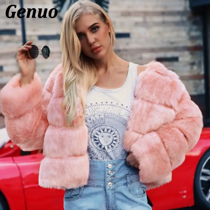 Genuo Vintage flauschigen faux pelzmantel frauen Kurze pelzigen gefälschte pelz winter jacke oberbekleidung rosa mantel herbst casual partei mantel