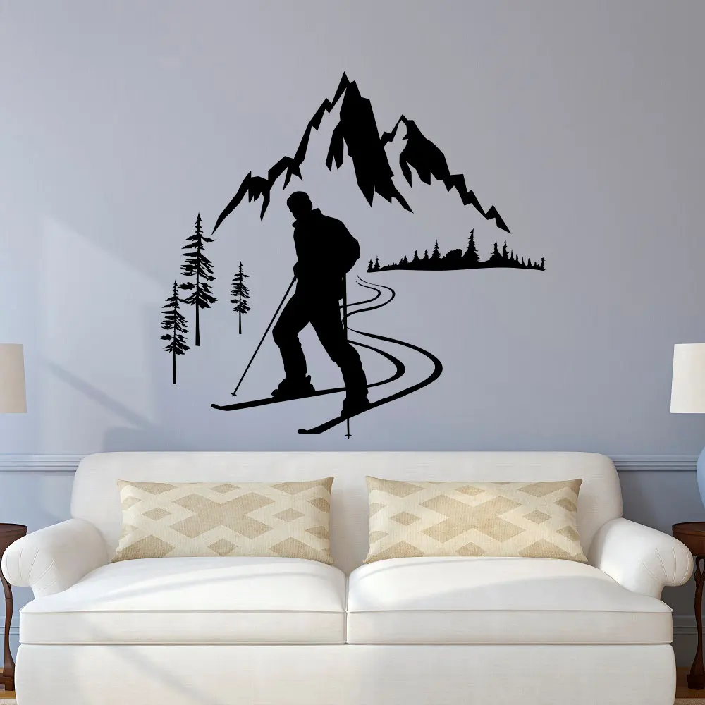 Winter Sports Wall Decal Skiing Sports Wall Sticker Kids Room Decoration Nursery Mountain Wall Decal Skier Vinyl Wall Art AY1013