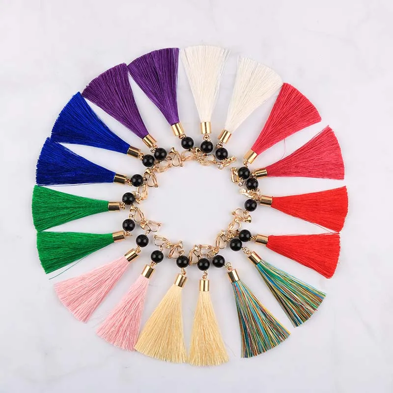 Bohemian Long Statement Tassel Clip On Earrings 9 Color For Female Non Pierced Dangle Trendy Cotton Rope Fringe Clip Ear Gift