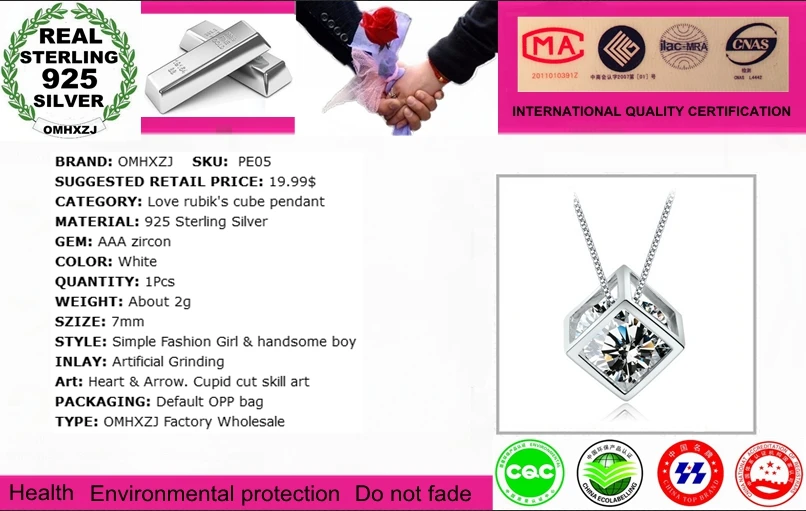 OMHXZJ Wholesale geometric woman  magic cube Fashion kpop AAA zircon 925 sterling silver NO Chain Necklace pendant Charms PE05