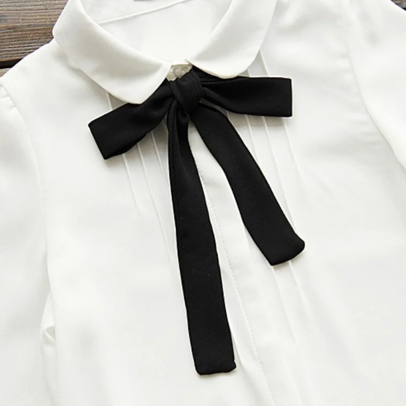 Fashion Female Elegant Bow Tie White Blouses Chiffon Peter Pan Collar Casual Shirt Ladies Blouse