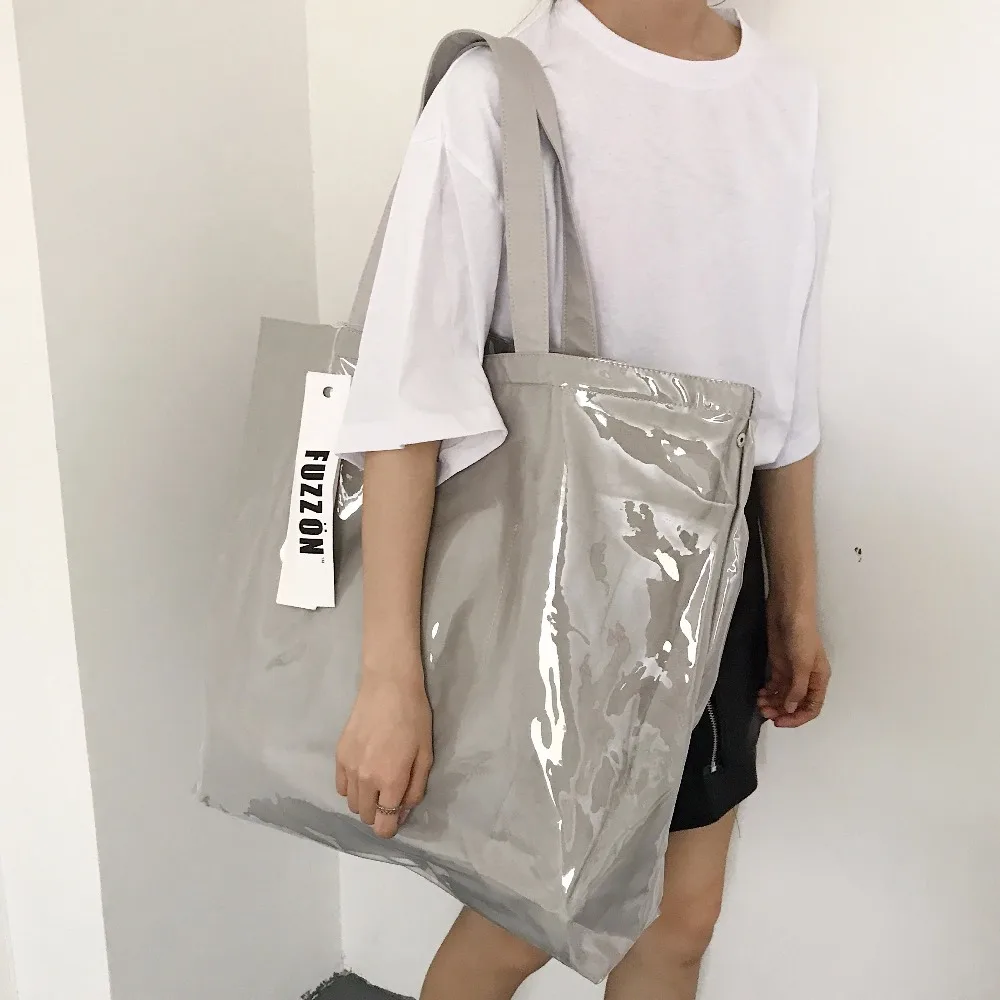 NEW Vintage Kraft Paper Shopping Bag PVC Clear Double Transparent Bag Waterproof Causal Tote Shoulder Bag Messenger Handbag