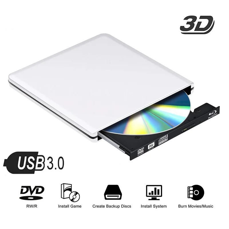 USB 3.0 4K Bluray External Optical Drive 3D Player BD-RE Burner Recorder DVD+/-RW/RAM Drives for Computer Windows7/8/10