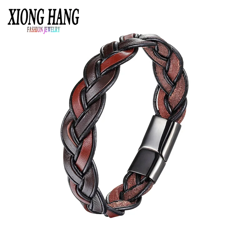 

XiongHang Men Bracelet 12mm Width Braided Leather Bracelets Men Stainless Steel Leather Bracelets & Bangles Pulseiras Gift