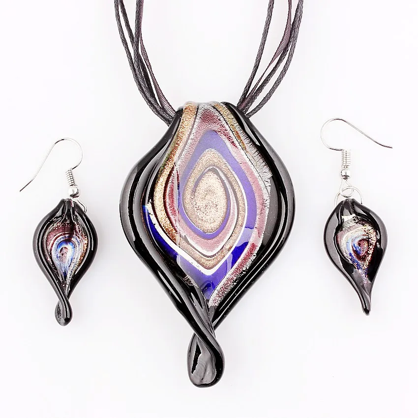 QianBei Wholesale Bulk 6sets Murano Lampwork Glass Big Leaves Pendant Beauty Charms Necklace Earrings For Women Gift