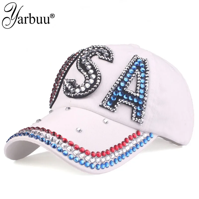 

[YARBUU] High Quality USA Flag Baseball Cap Three colours with rhinestone Snapback Casual Golf Hat Trucker Snapback Cap Gorras