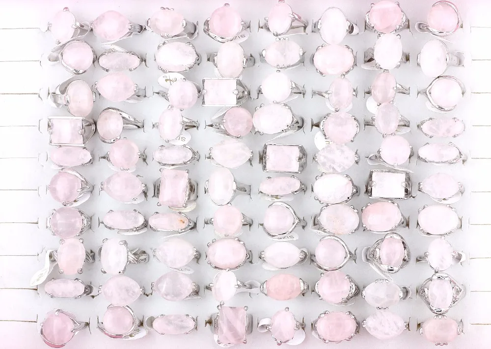 Wholesale Bulk 10Pcs Mix Style Natural Pink Quartz Stone Ring Band Zinc Alloy Ring Wedding Engagement Jewelry