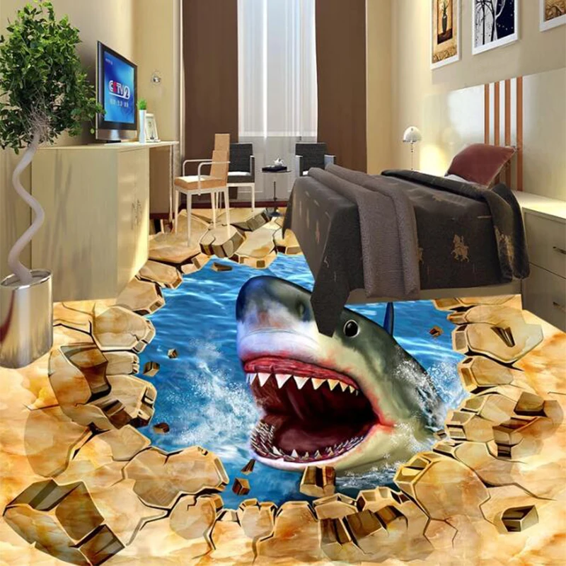 Custom 3D Floor Mural Wallpaper Stereo Shark Living Room Bazaar PVC Self Adhesive Waterproof Cartoon Floor Sticker 3D Wall Paper