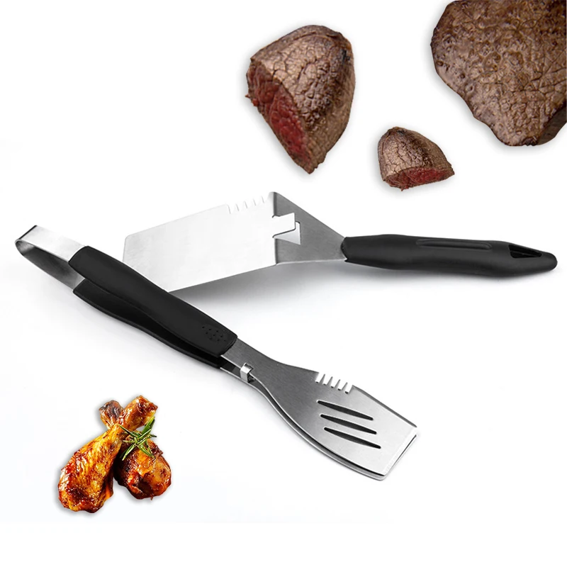 Multifunction BBQ Grill Shovel Set Teppanyaki Spatula Kabob Tongs BBQ Tools Stainless Steel Steak Clip Camping Cookware 1set