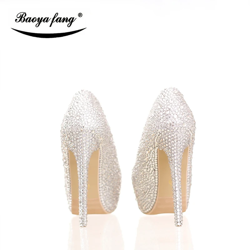 Bao Ya Fang Silvery crystal Rhinestone wedding shoes women Bridal High heels  Platform shoes woman party dress shoes female