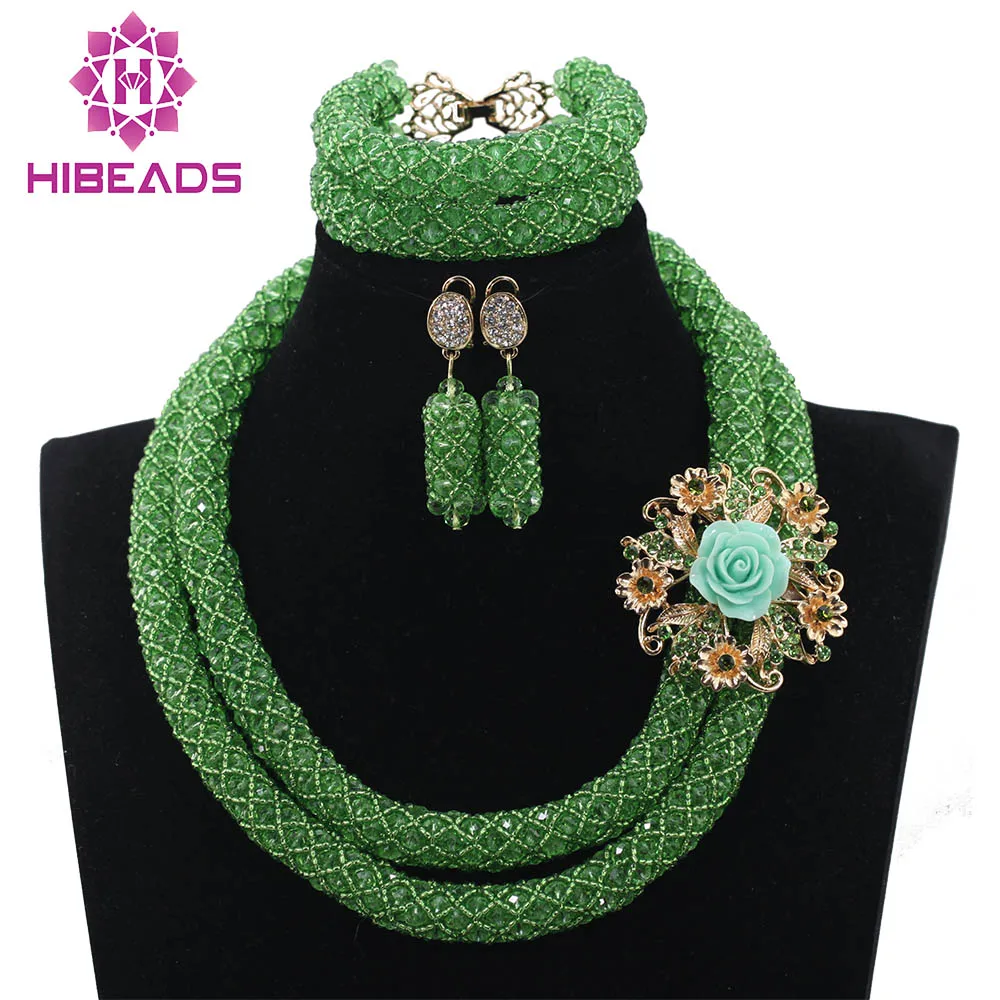 Lemon Green African Beads Jewelry Set 2 Layers Nigerian Wedding Crystal Costume Rope Necklace Set Free ShippingABH156