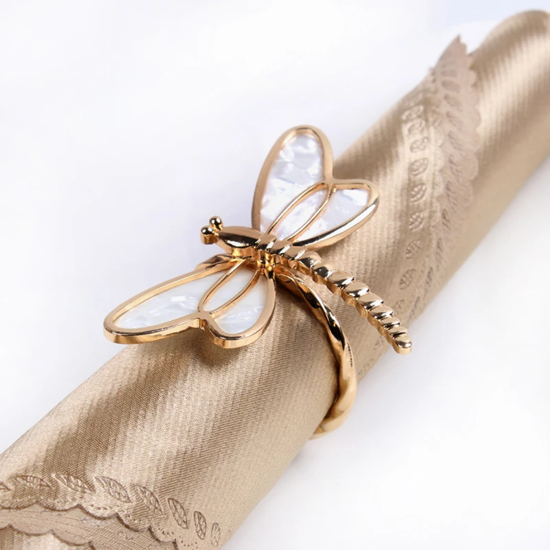 

Shiny Gold Plated Seashell with Clear Crystal Stones Jeweled Dragonfly Design Metal Alloy Napkin Rings Set of 6 Pieces