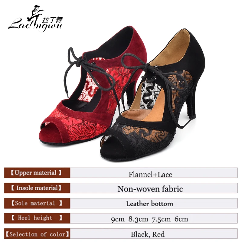 Ladingwu New Lace Collocation Flannel Dancing Shoes For Women Spring and Summer Latin Salsa Dance Sandals Black/Red Shoes Woman